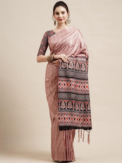 Mauve Festive Silk Blend Printed Saree With Unstitched Blouse - Odette