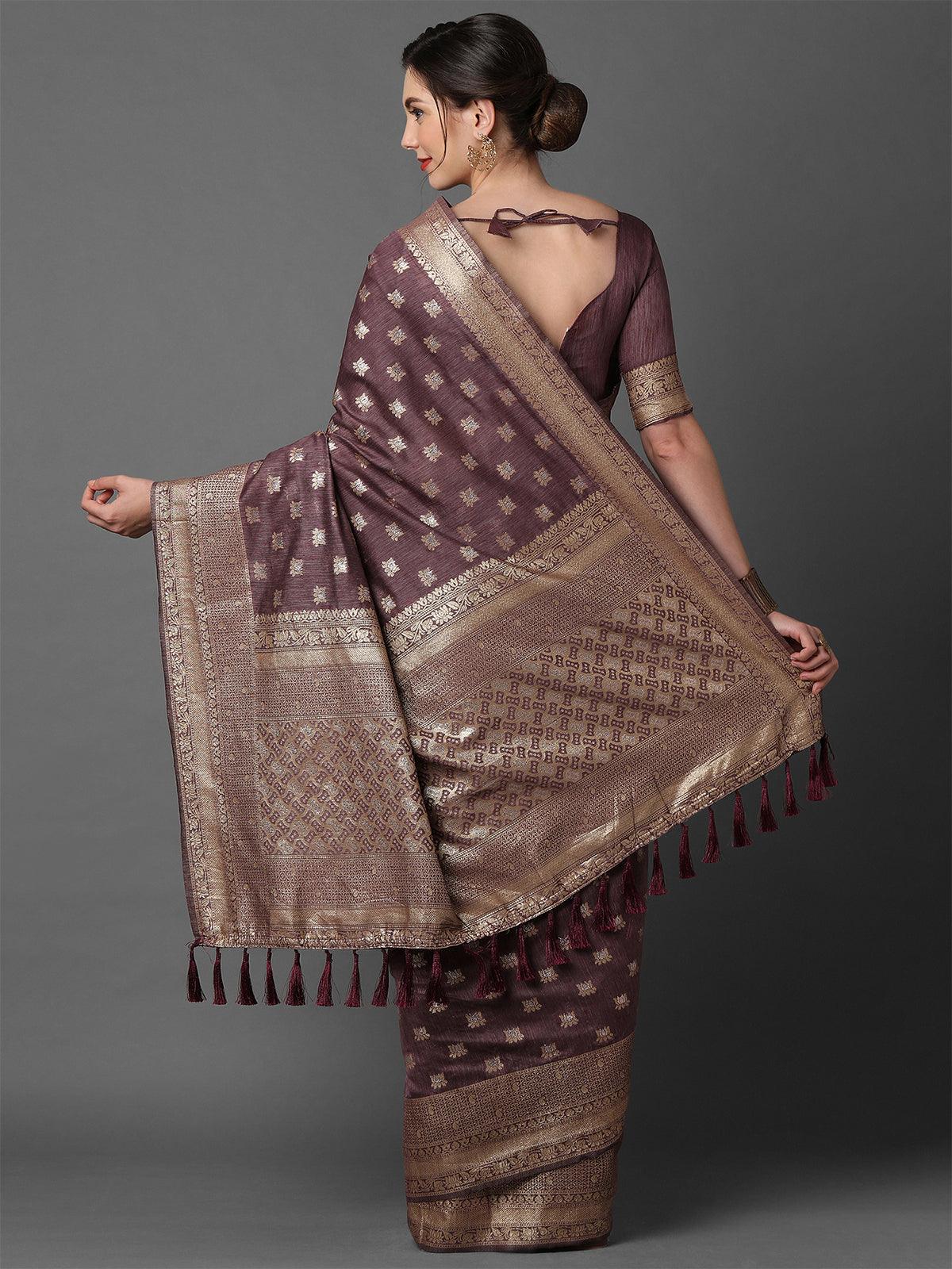 Mauve wedding Silk Blend Woven Design Saree With Unstitched Blouse - Odette