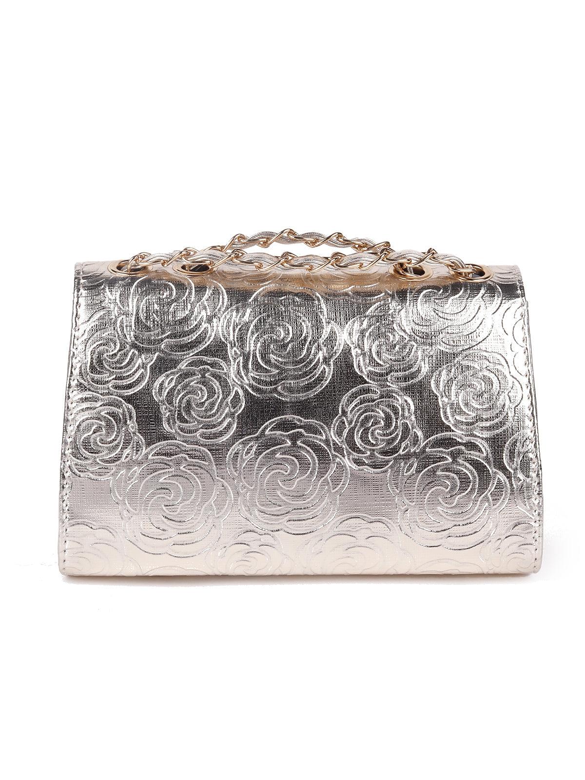 Metallic silver floral sling bag for women - Odette