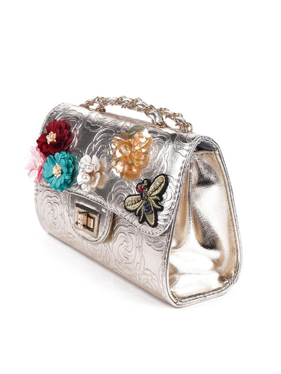 Metallic silver floral sling bag for women - Odette