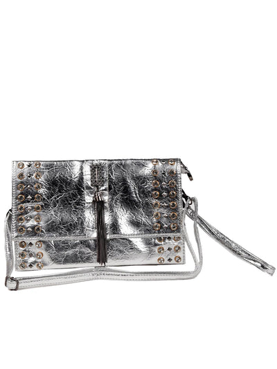 Metallic silver-studded tassel clutch bag - Odette