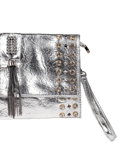 Metallic silver-studded tassel clutch bag - Odette