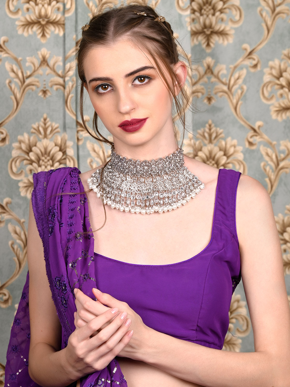 Buy Beautiful Ad Stone Choker Necklace Set for Lehenga