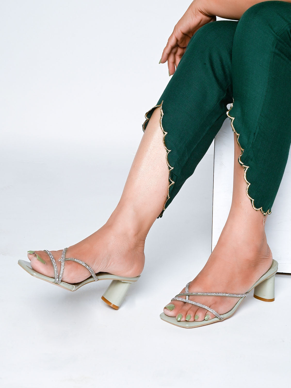 Odette Women Olive Green Embellished Heels Sandal