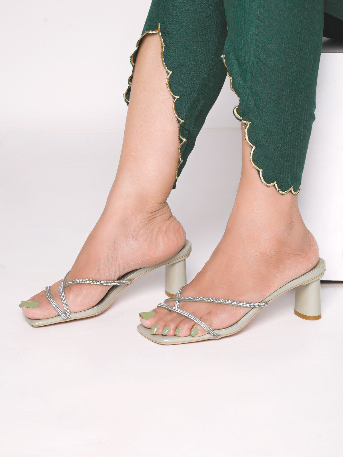 Olive Green Embellished Heels Sandal