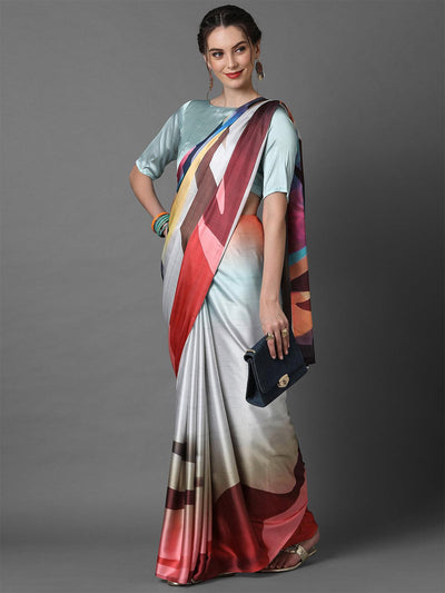 Multi Casual Crepe Printed Saree With Unstitched Blouse - Odette