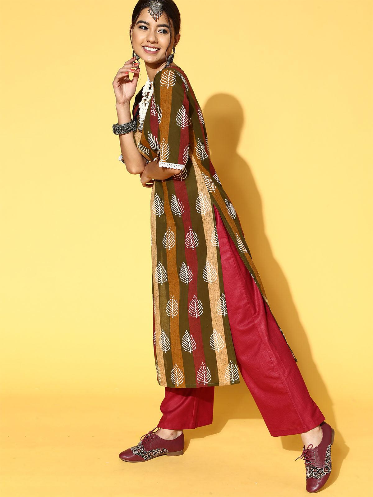 Multi colored Printed Straight Kurta Trouser With Dupatta Set - Odette