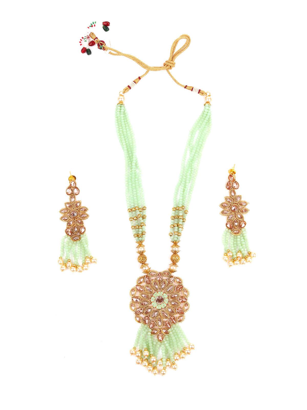 Multi-Strand Light Green Onyx Necklace with Earrings - Odette
