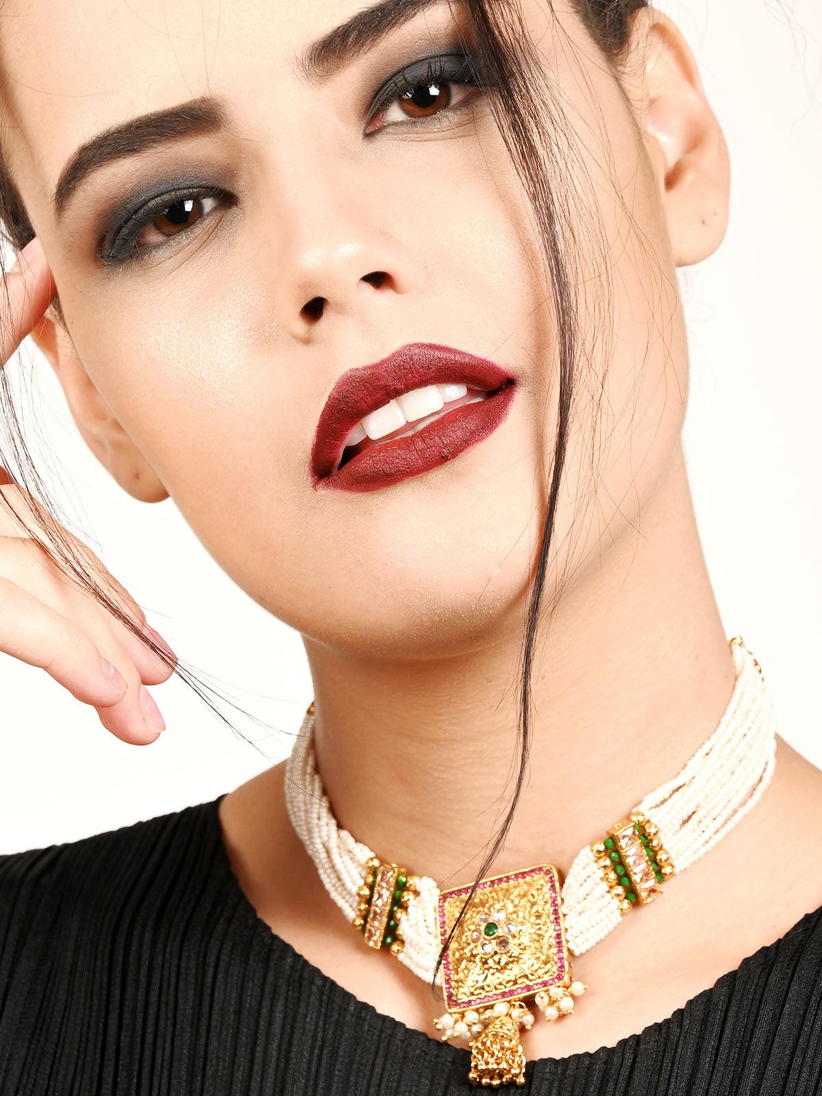 Gold Moti Choker Necklace Moti Set Necklace 22k Gold Necklace Set