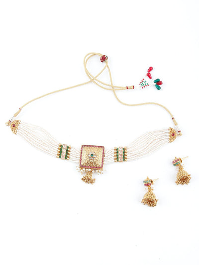 Multi String White Pearl And Gold Choker Necklace Set - Odette
