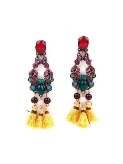 Multicolour Drop Earring With Yellow Tassel Hangings - Odette