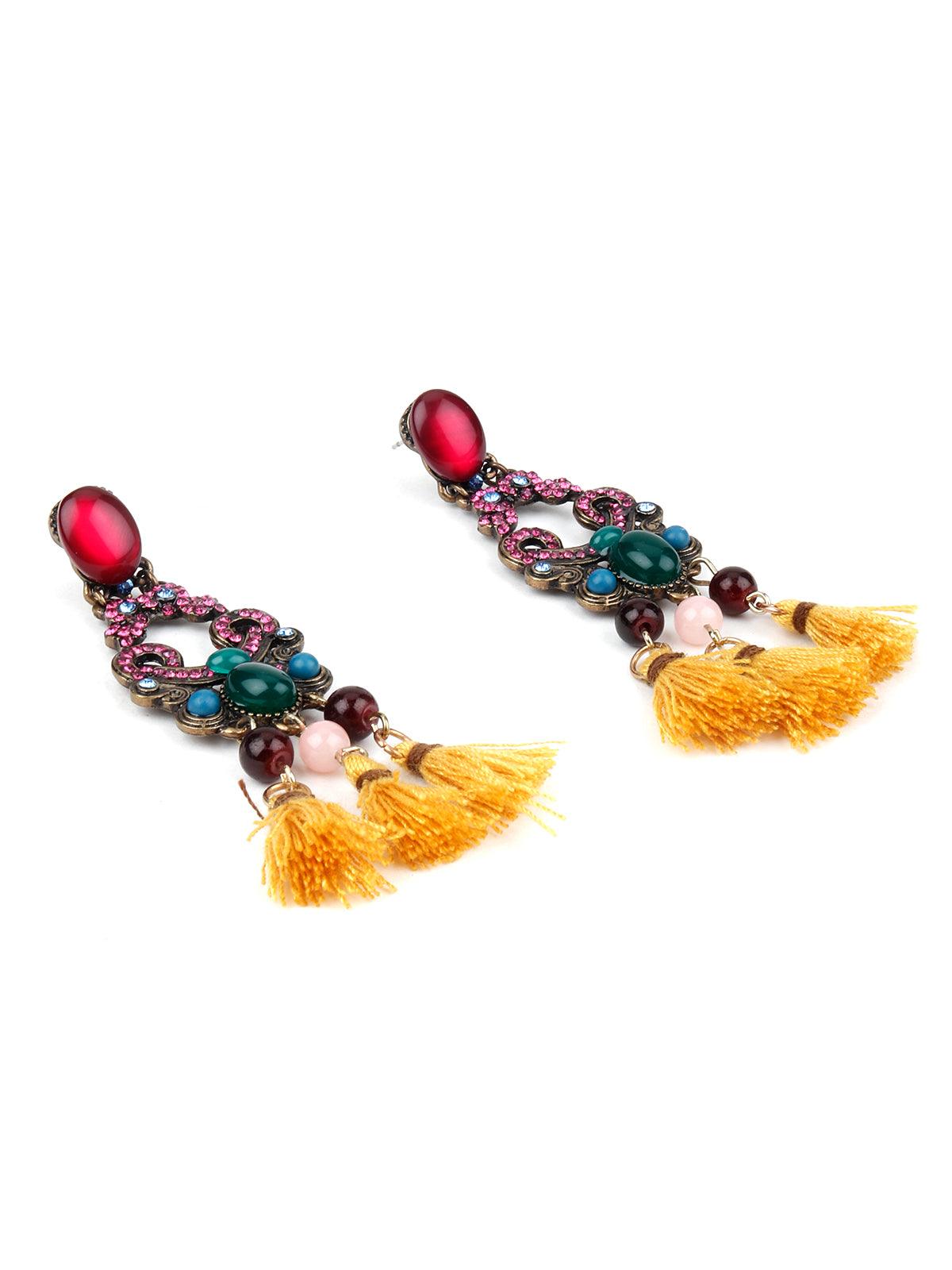 Multicolour Drop Earring With Yellow Tassel Hangings - Odette