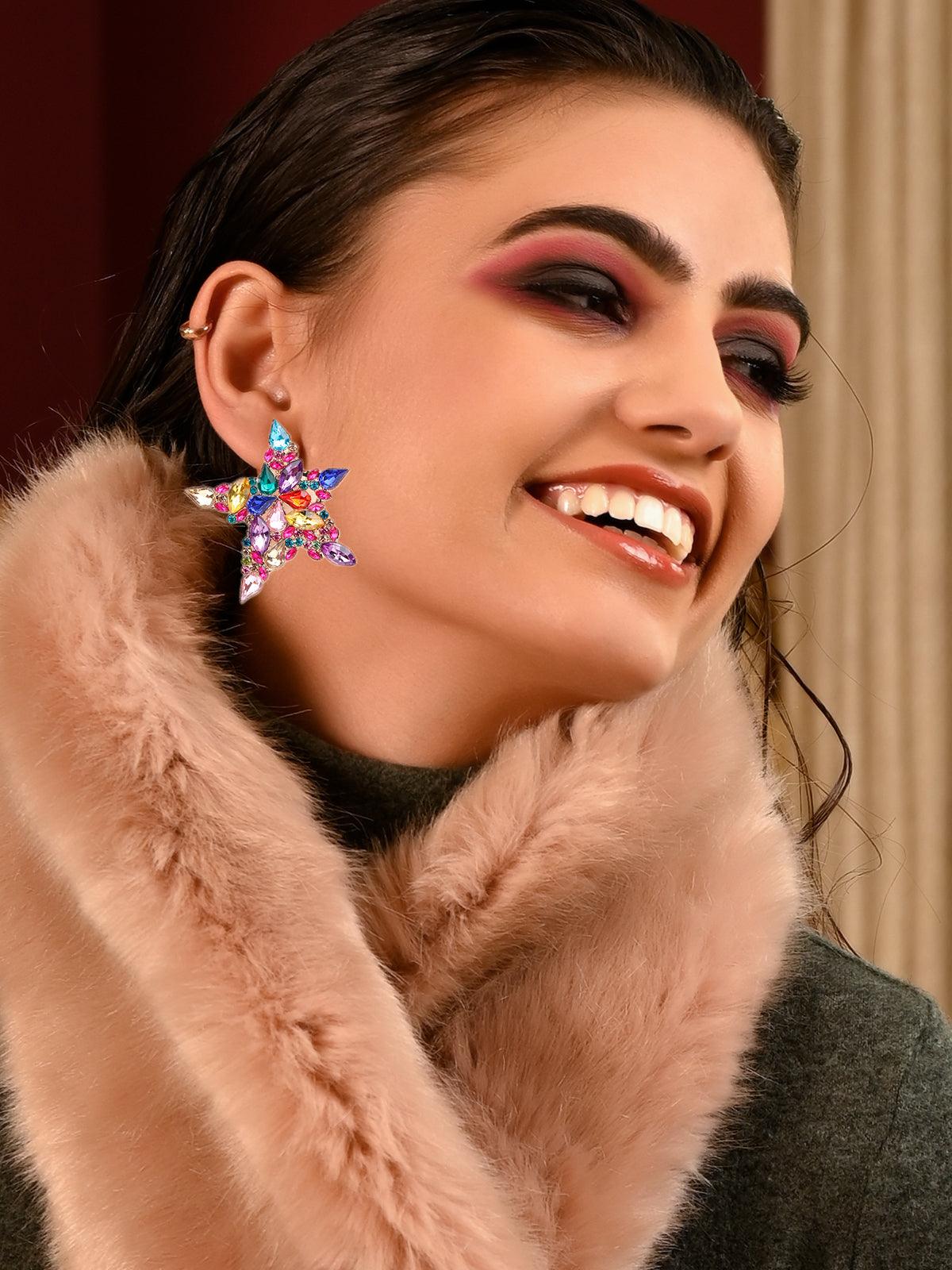 Multicoloured gemstone embellished star shaped earrings - Odette