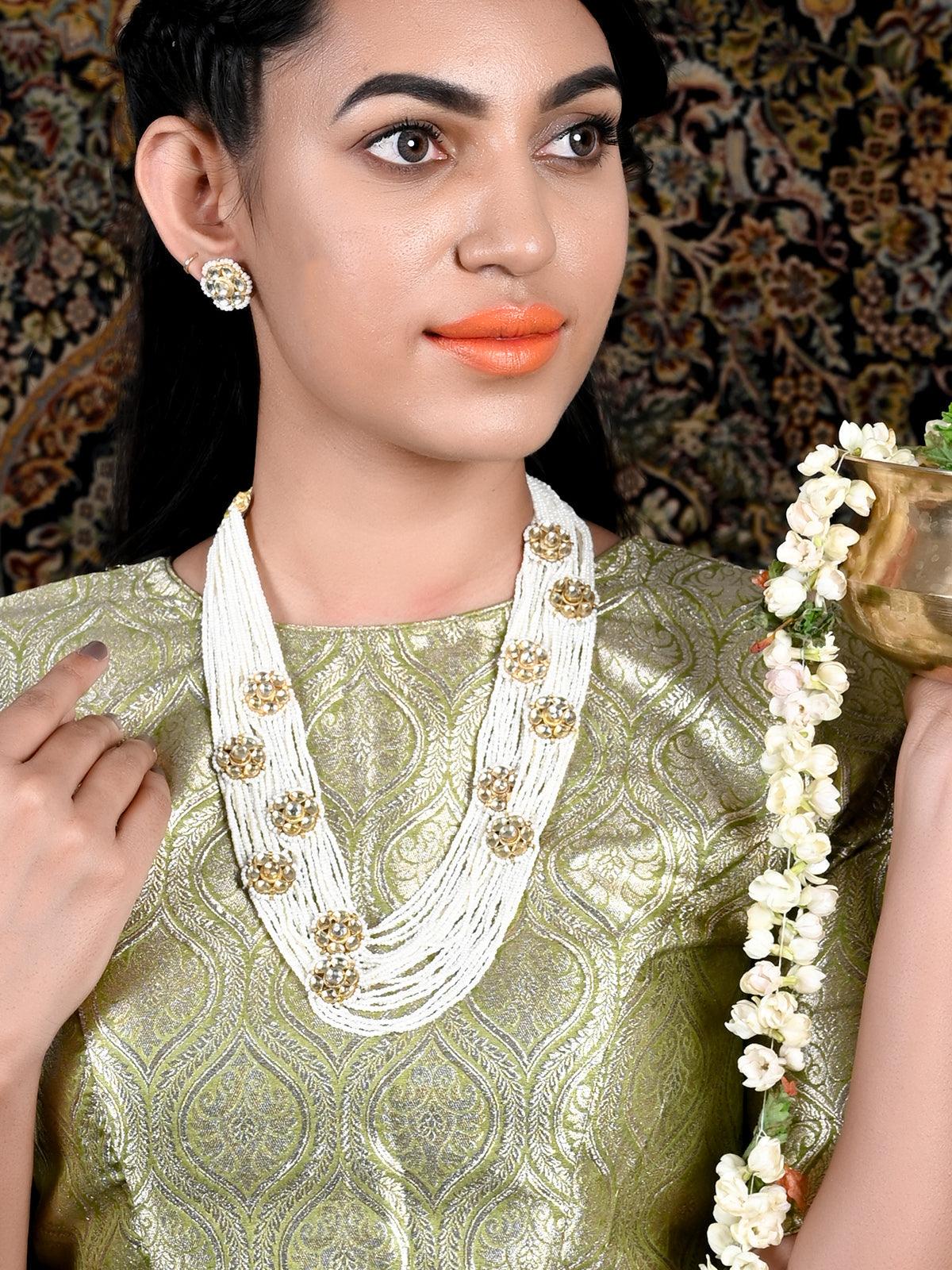 Multistring Gorgeous White Pearl-Kundan Necklace Set - Odette