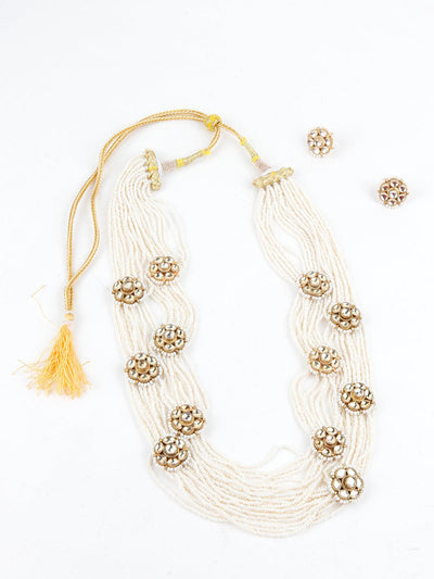 Multistring Gorgeous White Pearl-Kundan Necklace Set - Odette