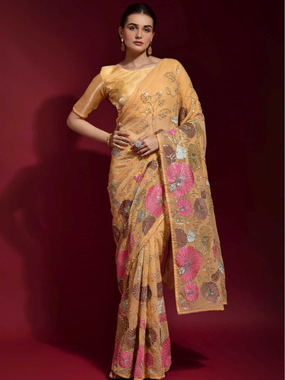 Mustard Banglori Silk Embroidered Saree With Blouse - Odette