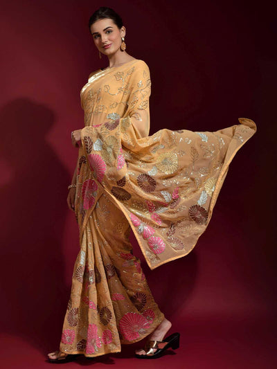 Mustard Banglori Silk Embroidered Saree With Blouse - Odette
