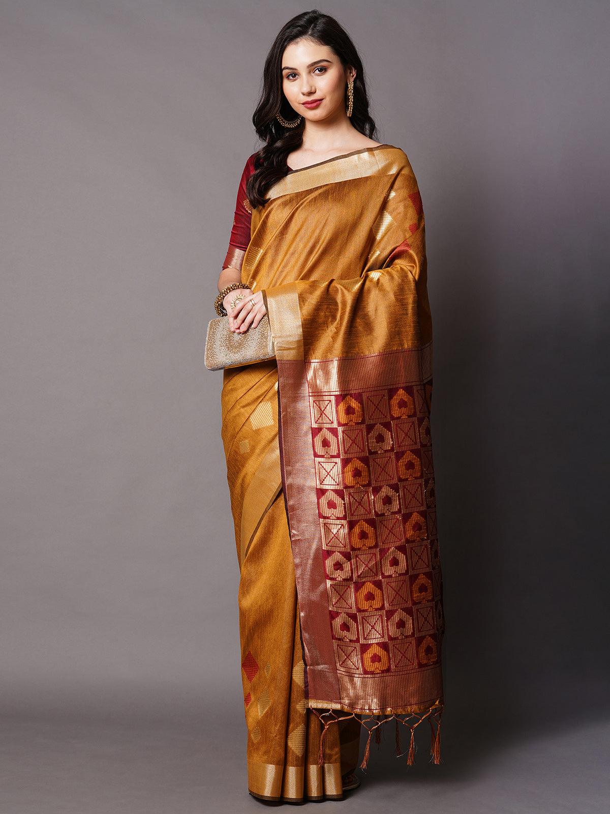 Mustard Festive Cotton silk Woven Design Saree With Unstitched Blouse - Odette