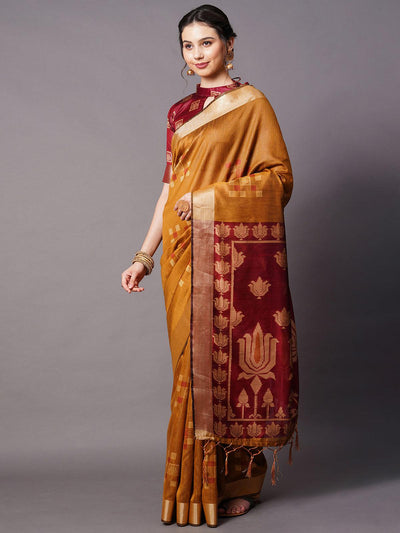 Mustard Festive Cotton silk Woven Design Saree With Unstitched Blouse - Odette
