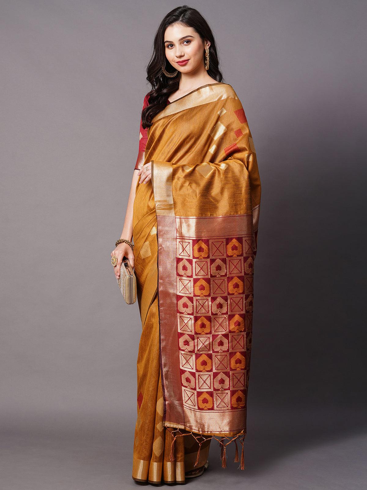 Mustard Festive Cotton silk Woven Design Saree With Unstitched Blouse - Odette