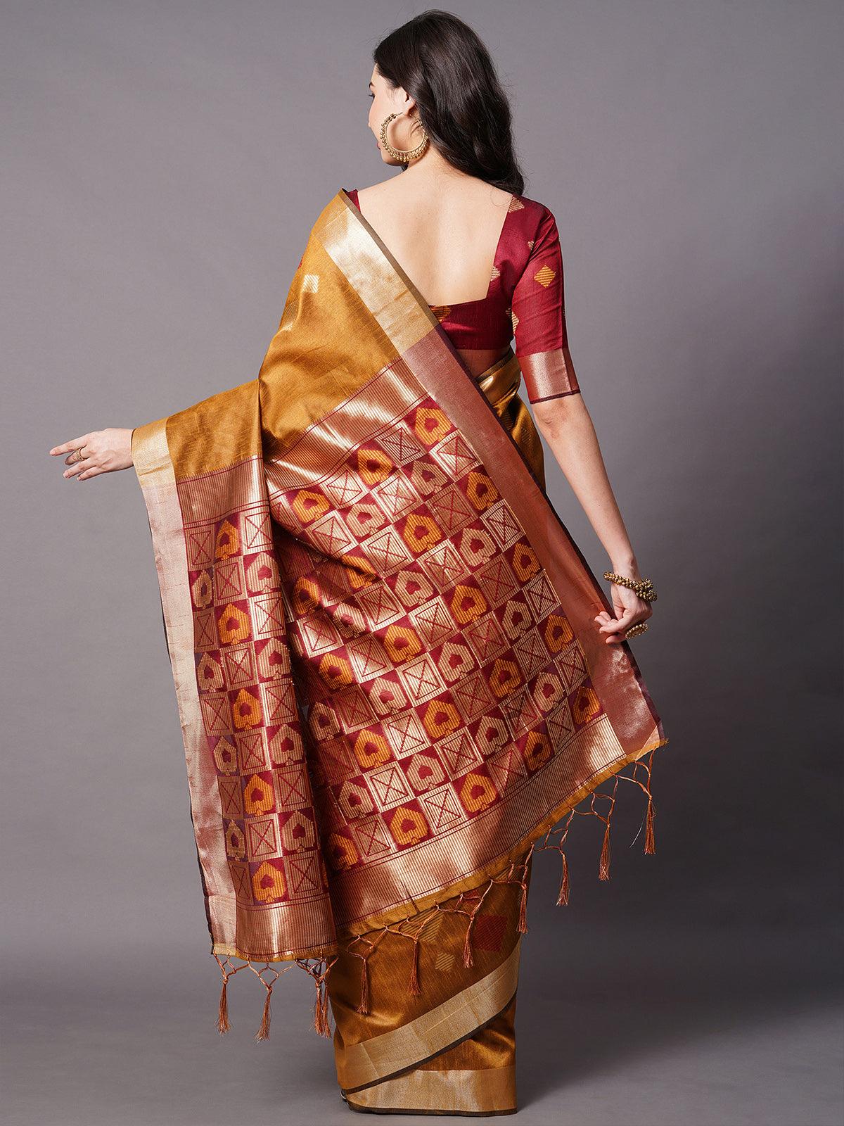 Mustard Festive Cotton silk Woven Design Saree With Unstitched Blouse - Odette