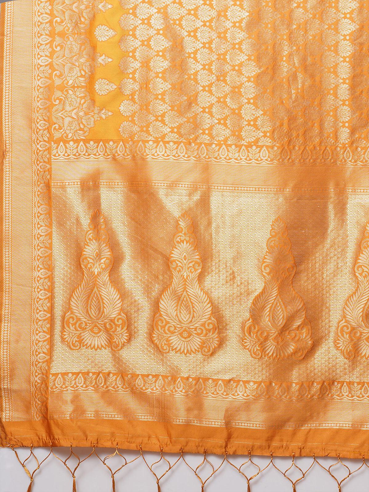 Mustard Festive Silk Blend Woven Design Saree With Unstitched Blouse - Odette