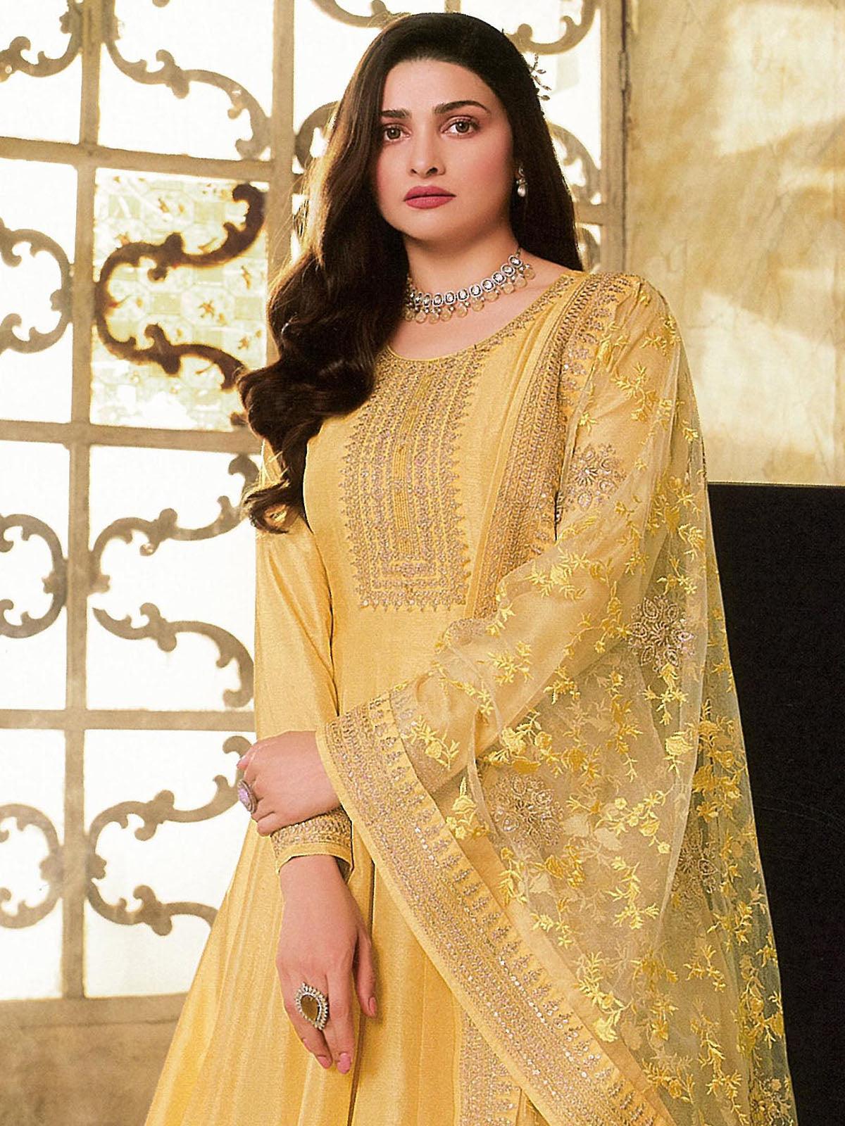 Buy Women's Mustard Net Semi Stitched Salwar Suit Online. – Odette