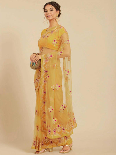 Mustard Net Embroidered Saree With Blouse - Odette
