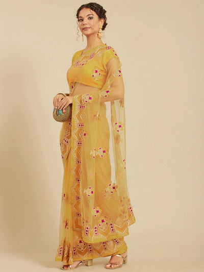 Mustard Net Embroidered Saree With Blouse Piece - Odette