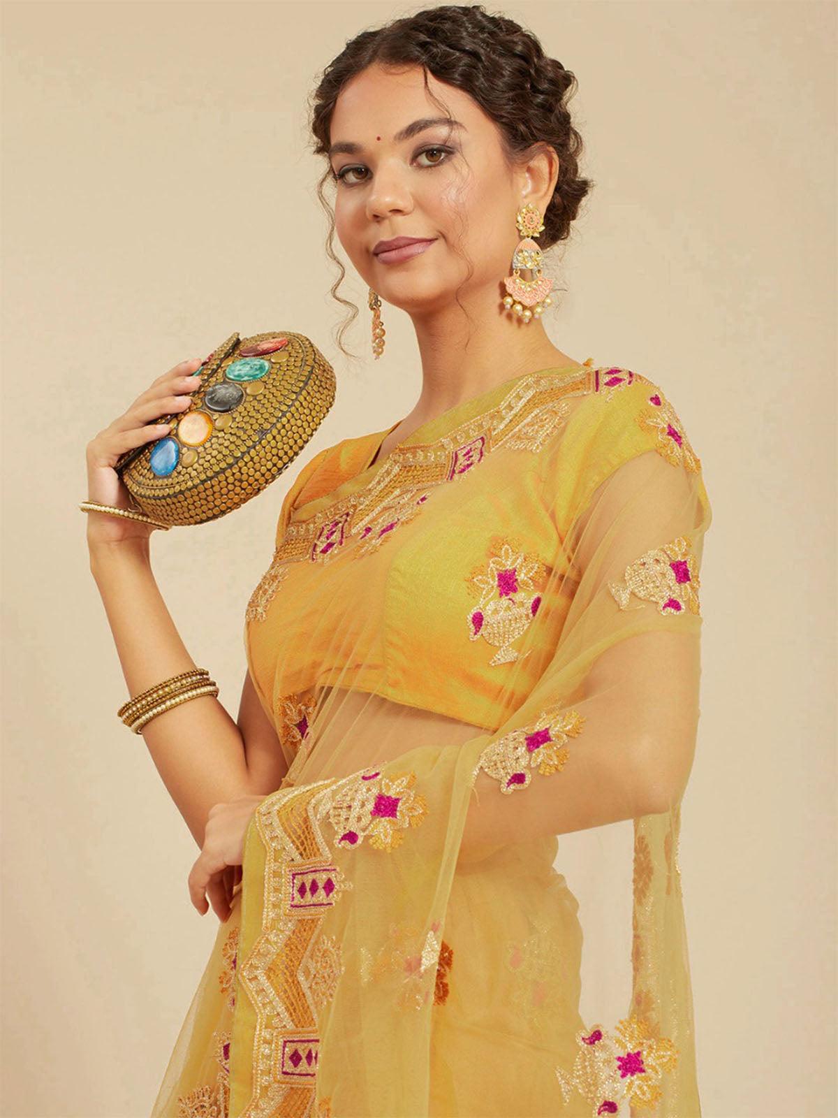 Mustard Net Embroidered Saree With Blouse Piece - Odette