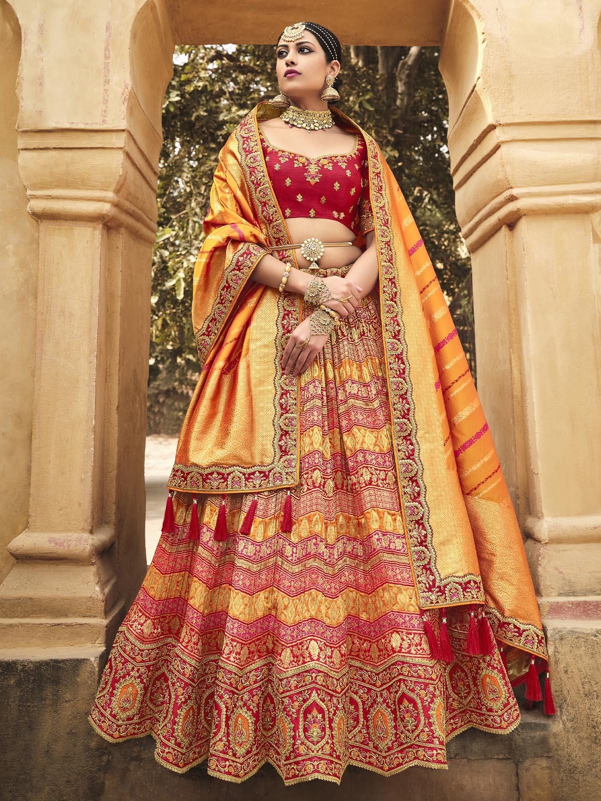 Mustard, Red and Pink Weaving Silk Floral Embroidered Lehenga Choli With Dupatta - Odette