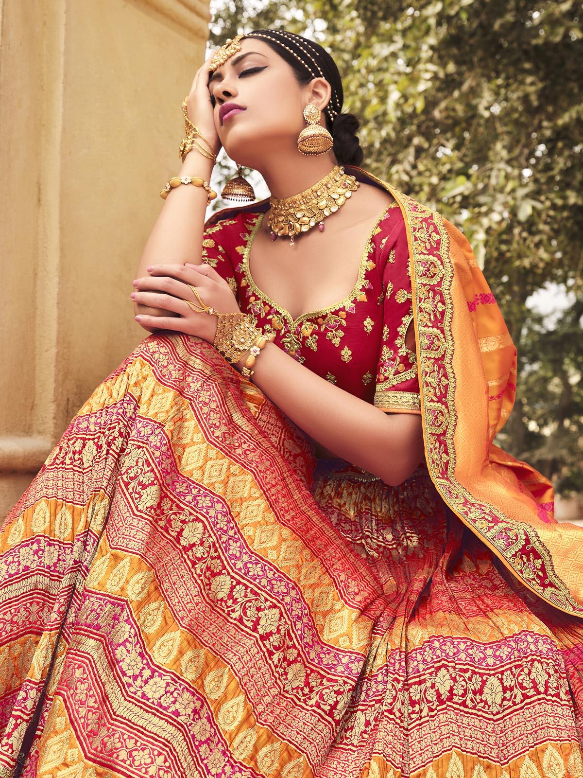 Mustard, Red and Pink Weaving Silk Floral Embroidered Lehenga Choli With Dupatta - Odette