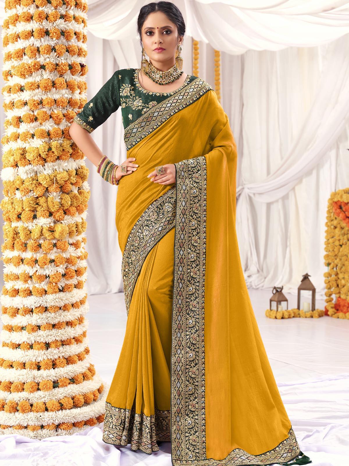 Mustard Vichitra Silk Solid Saree With Blouse Piece - Odette