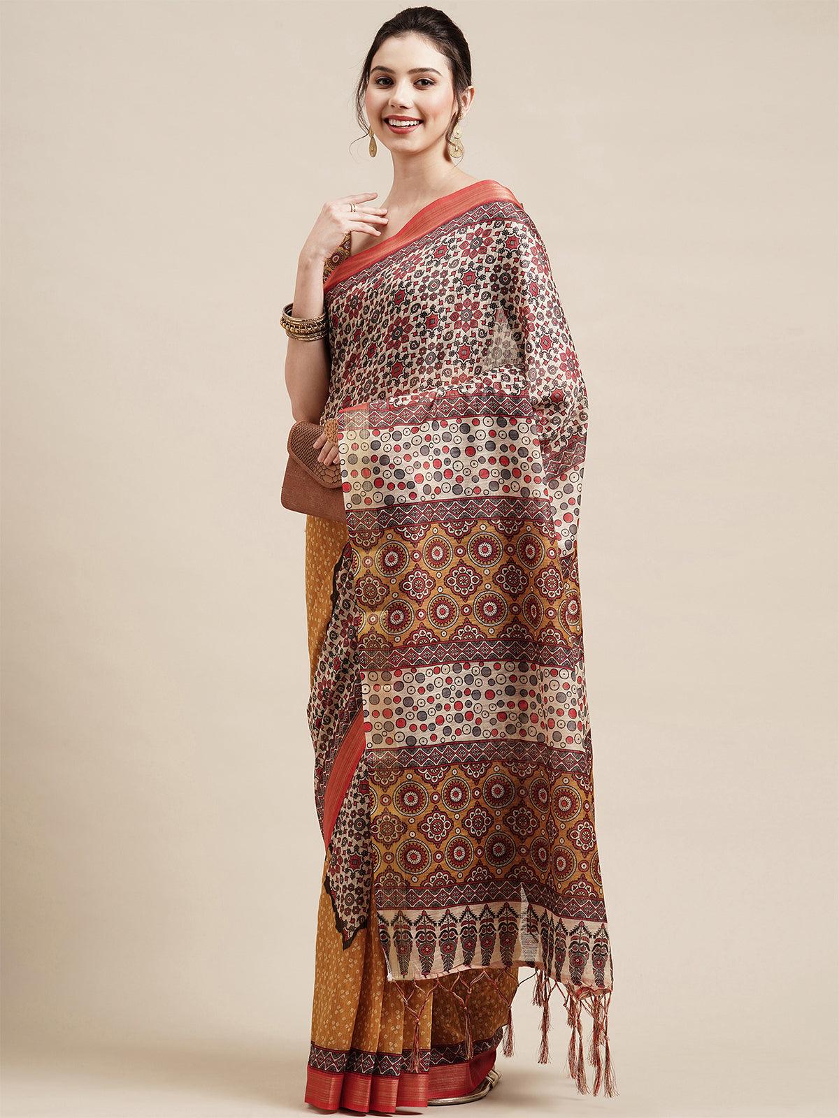 Musturd Casual Linen Blend Printed Saree With Unstitched Blouse - Odette