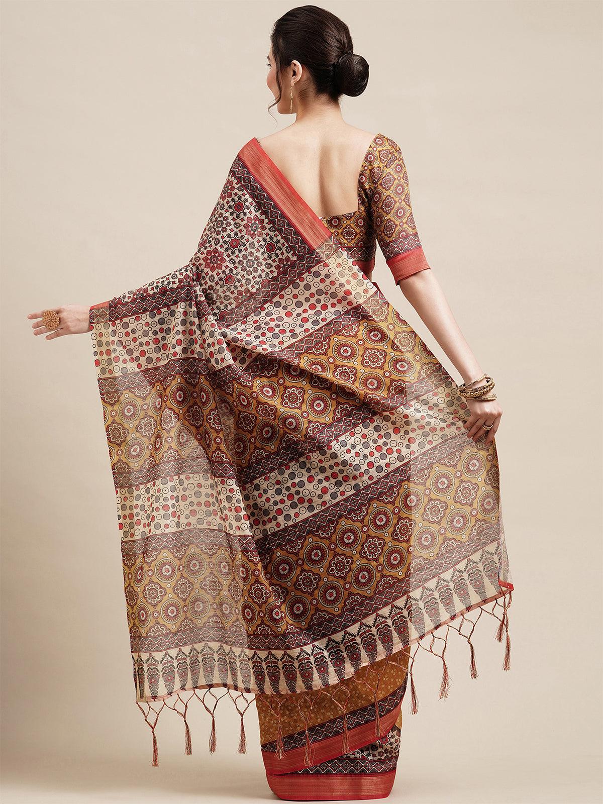 Musturd Casual Linen Blend Printed Saree With Unstitched Blouse - Odette