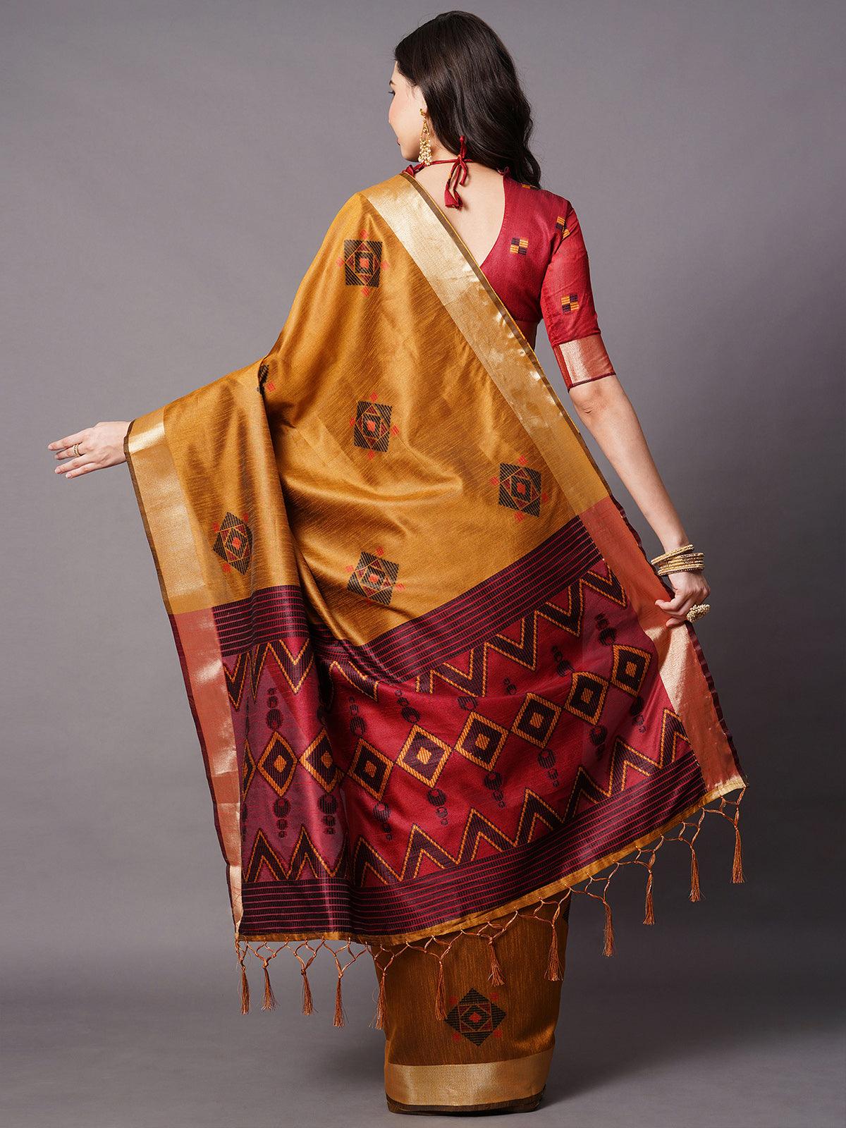 Musturd Festive Cotton silk Woven Design Saree With Unstitched Blouse - Odette