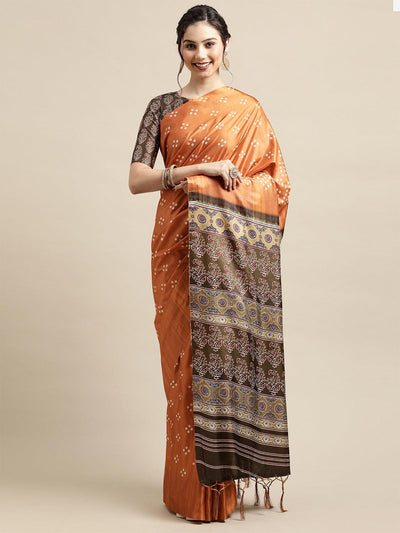 Musturd Festive Silk Blend Printed Saree With Unstitched Blouse - Odette