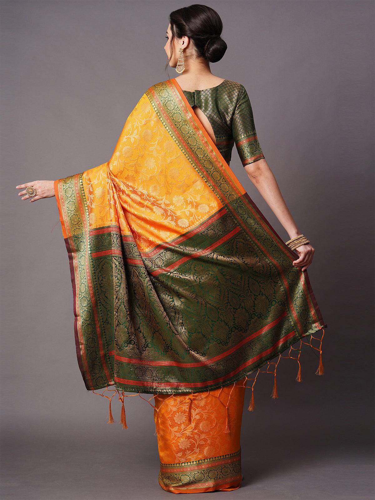 Musturd Festive Silk Blend Woven Design Saree With Unstitched Blouse - Odette