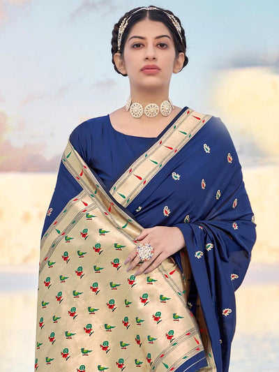 Navy Blue Banarasi Soft Silk Woven Design Saree With Blouse Piece - Odette