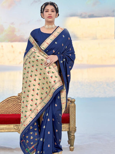 Navy Blue Banarasi Soft Silk Woven Design Saree With Blouse Piece - Odette