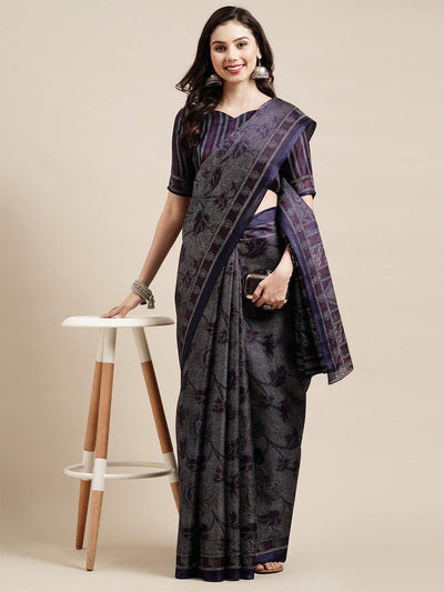 Navy blue Casual Bhagalpuri Silk Printed Saree With Unstitched Blouse - Odette