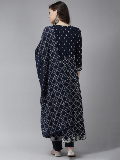 Navy Blue Embroidered A-line Kurta Trouser With Duapatta Set - Odette