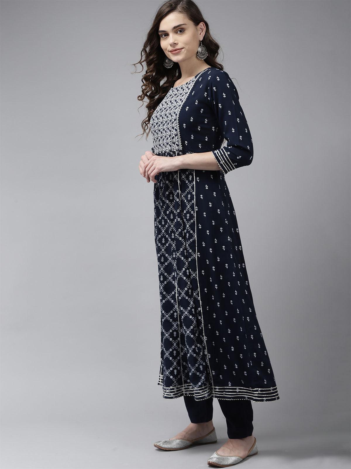 Navy Blue Embroidered A-line Kurta Trouser With Duapatta Set - Odette