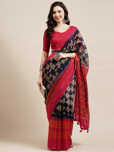 Navy blue Festive Cotton Printed Saree With Unstitched Blouse - Odette