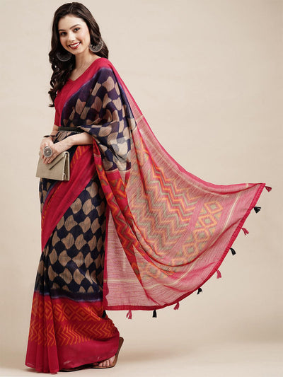 Navy blue Festive Cotton Printed Saree With Unstitched Blouse - Odette