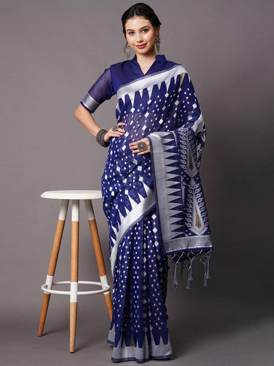 navy blue Festive Cotton silk Woven Design Saree With Unstitched Blouse - Odette