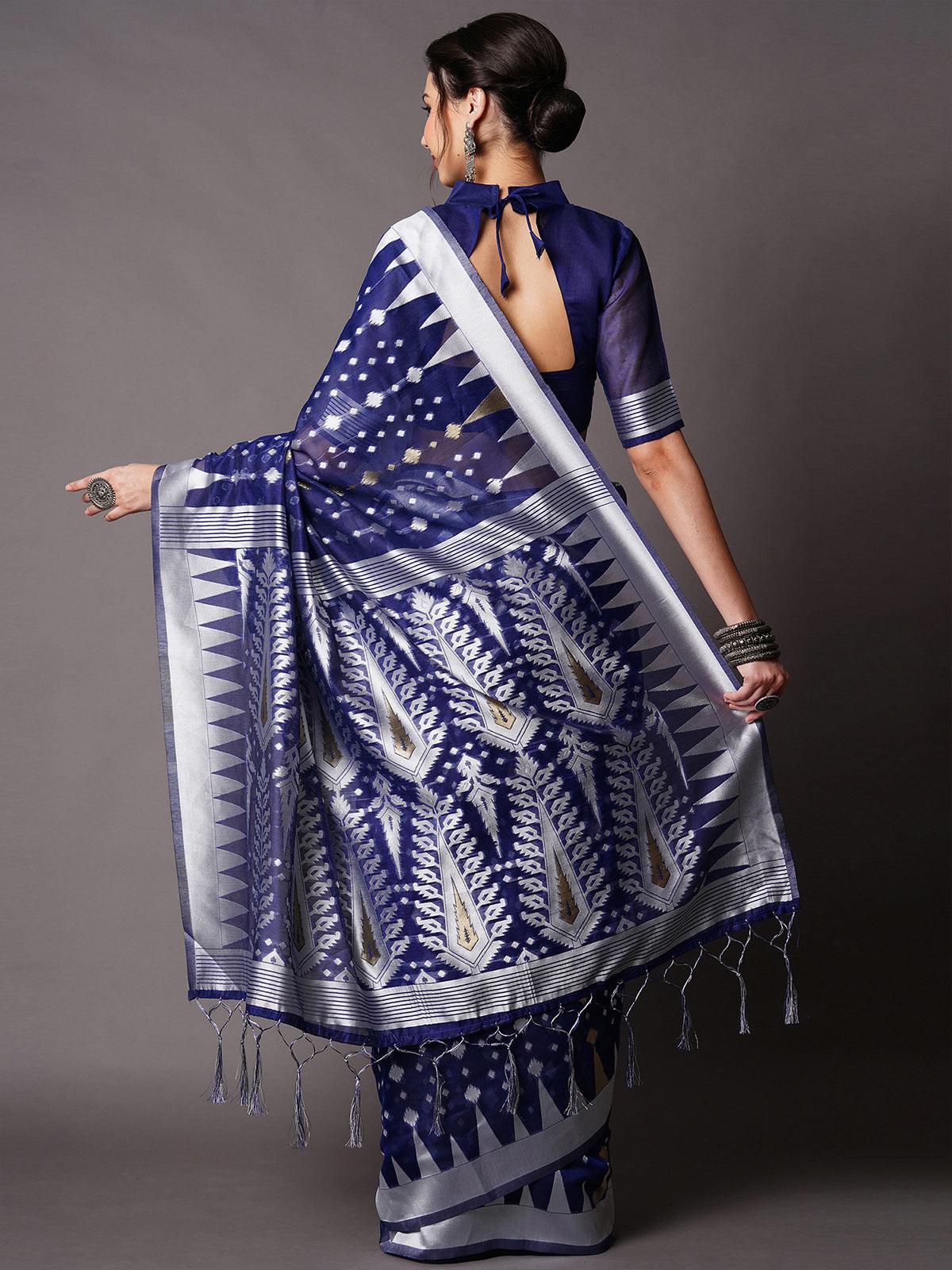 navy blue Festive Cotton silk Woven Design Saree With Unstitched Blouse - Odette