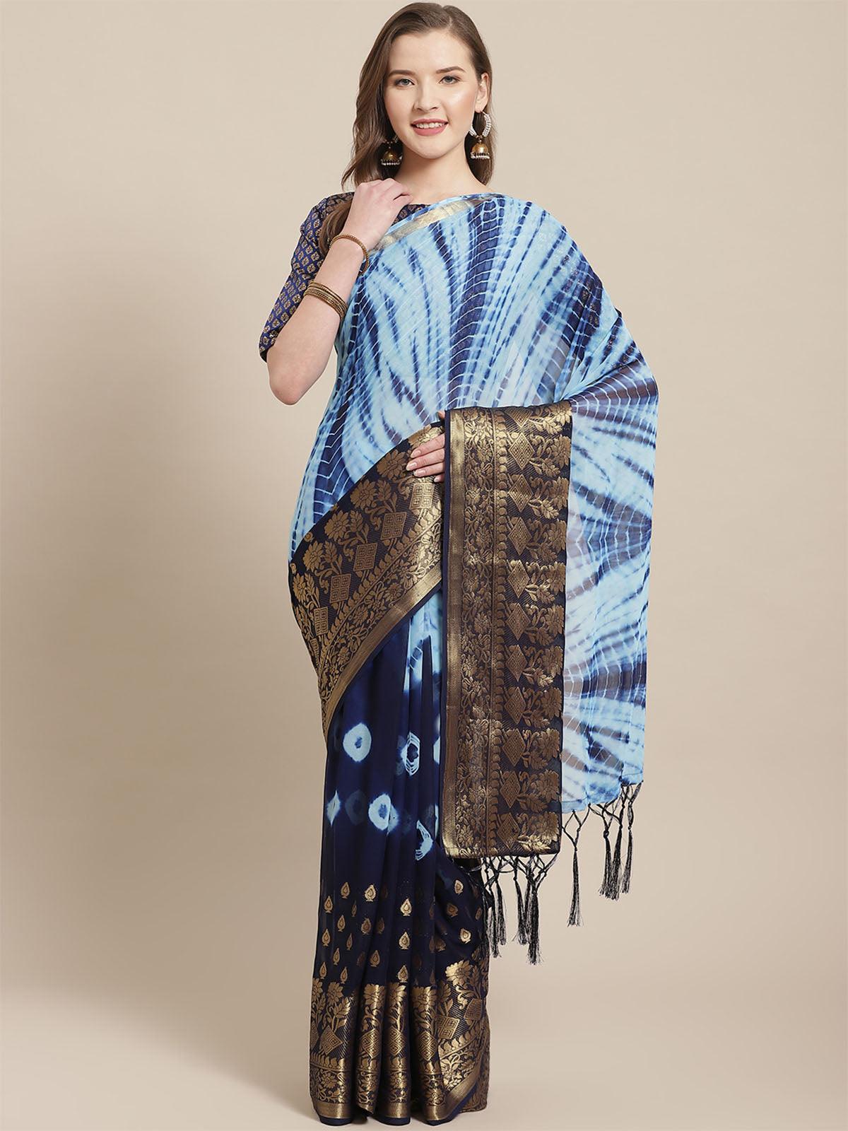 Navy Blue Festive Georgette Woven Saree With Unstitched Blouse - Odette