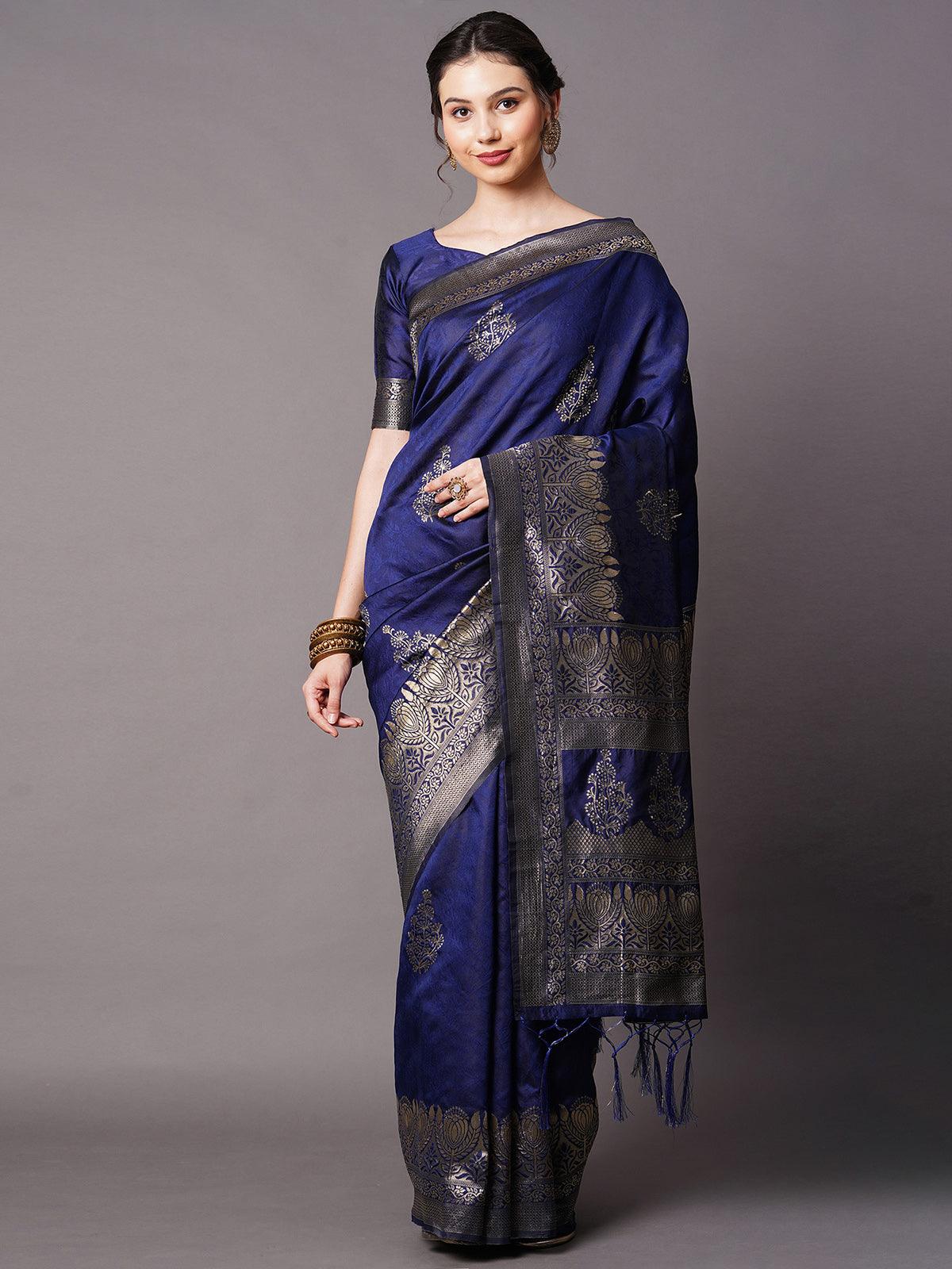 Navy blue Festive Silk Blend Woven Design Saree With Unstitched Blouse - Odette