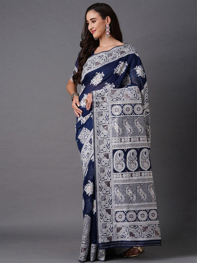 navy Blue Festive Silk Blend Woven Design Saree With Unstitched Blouse - Odette